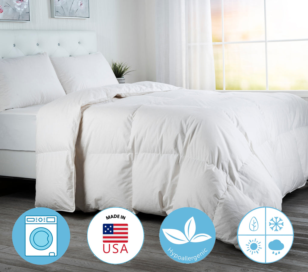 European Goose Down White Comforter - Egyptian Cotton Cover, With Corner Tabs- Made in the USA