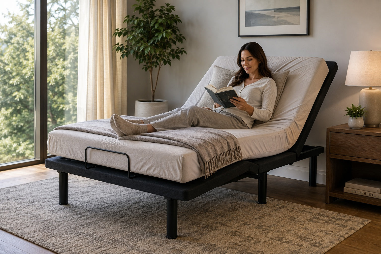 Person reading comfortably with the adjustable bed head elevated